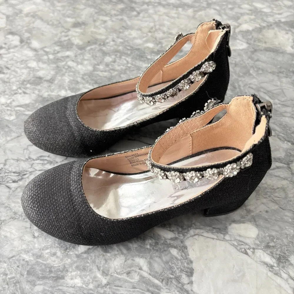 Badgley Mischka Ankle Strap Embellished Girls' Glitter Pump Shoes Black Size 13